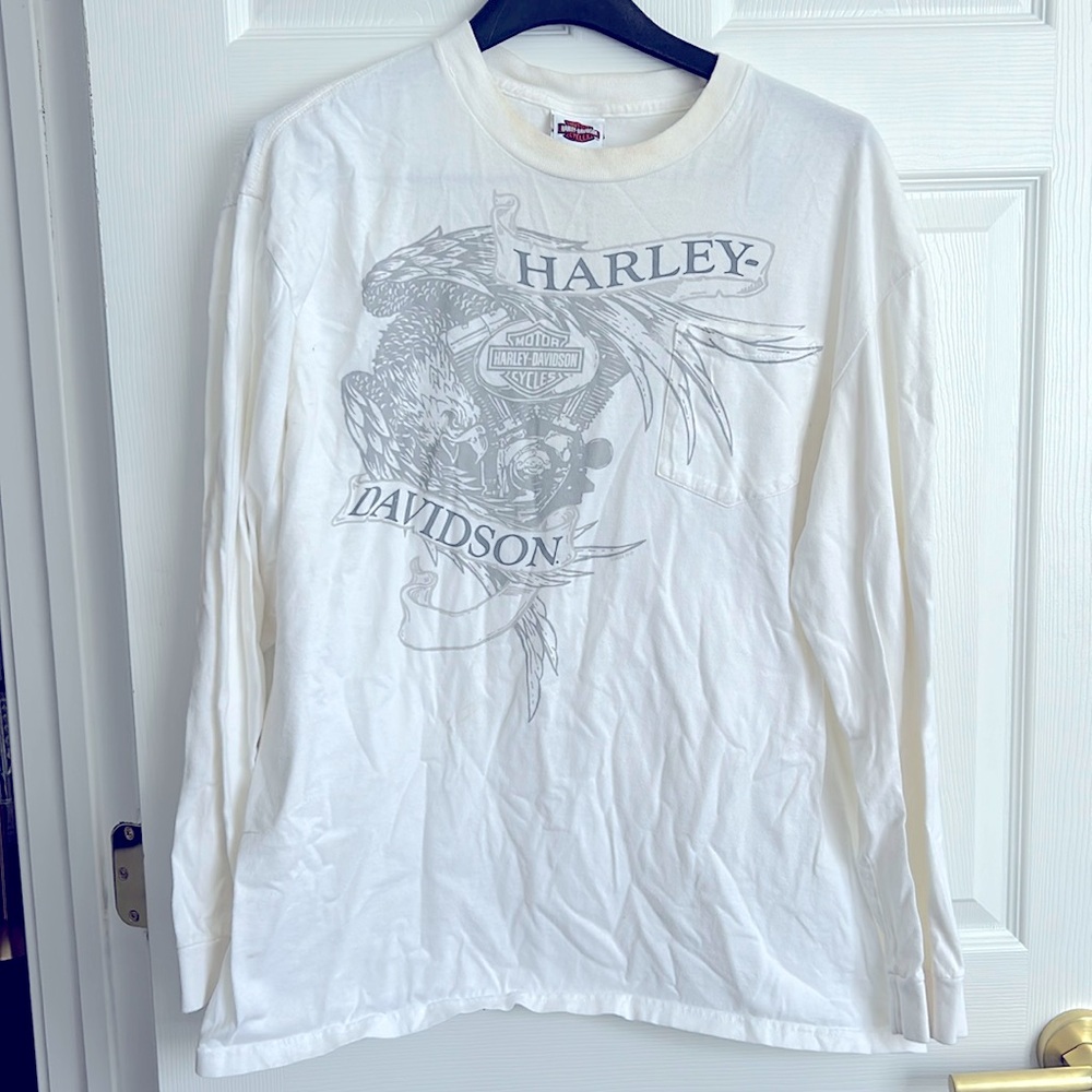 White Crew Neck Harley Davidson Eagle Engine Graphic Long Sleeve Shirt